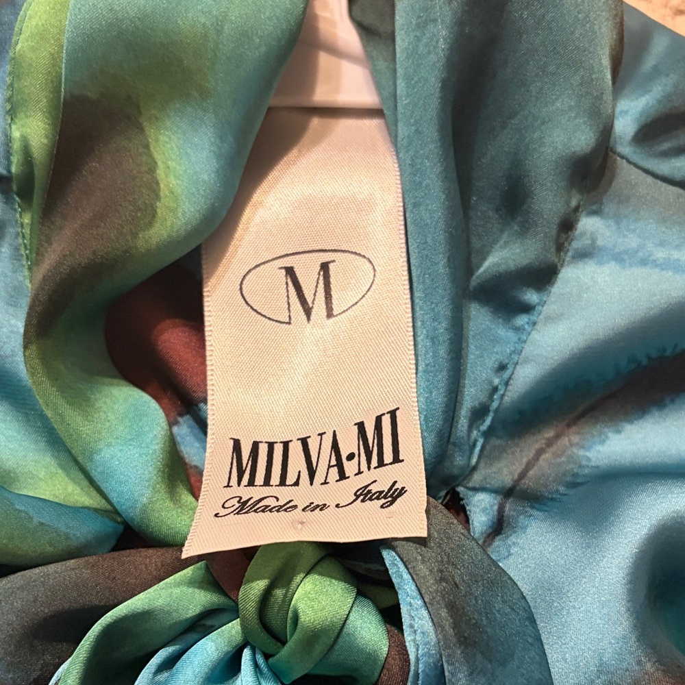 Designer Milva.Mi Tie-Neck Long Sleeve Green & Blue Swirl Midi Dress NWOT! - Picture 3 of 3